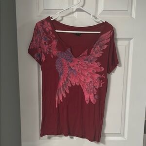 Lucky Brand Maroon Tee with Artistic Bird Design